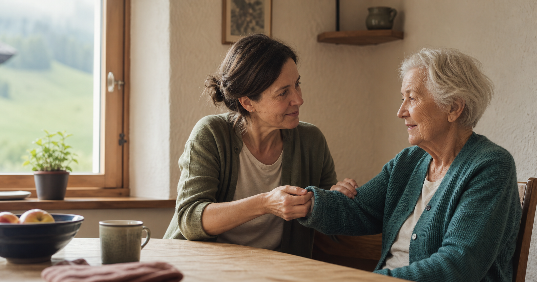 Eine Tochter unterstützt ihre ältere Mutter zu Hause